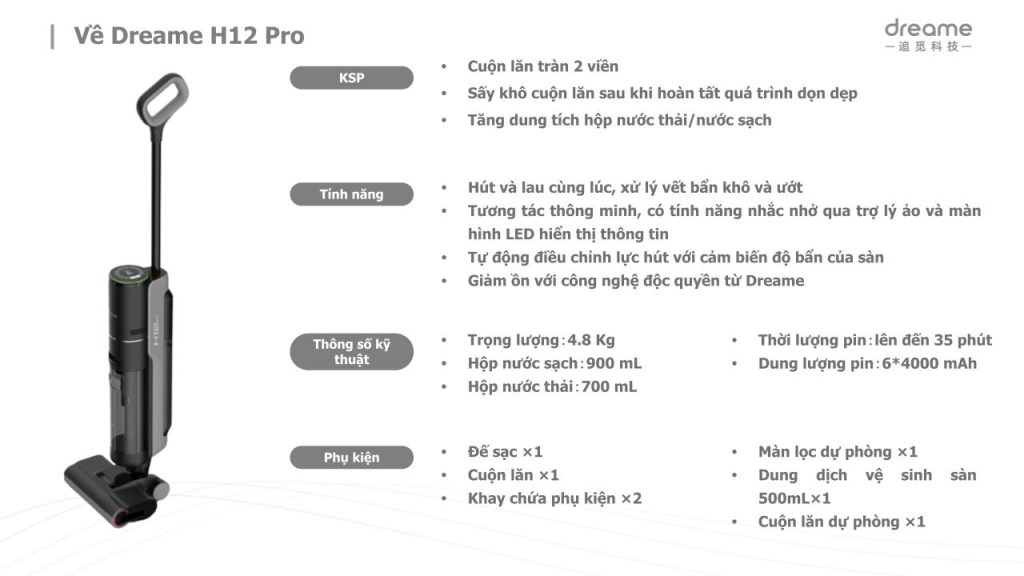 Đặc điểm máy hút bụi lau sàn khô & ướt cầm tay không dây thông minh Dreame H12 Pro