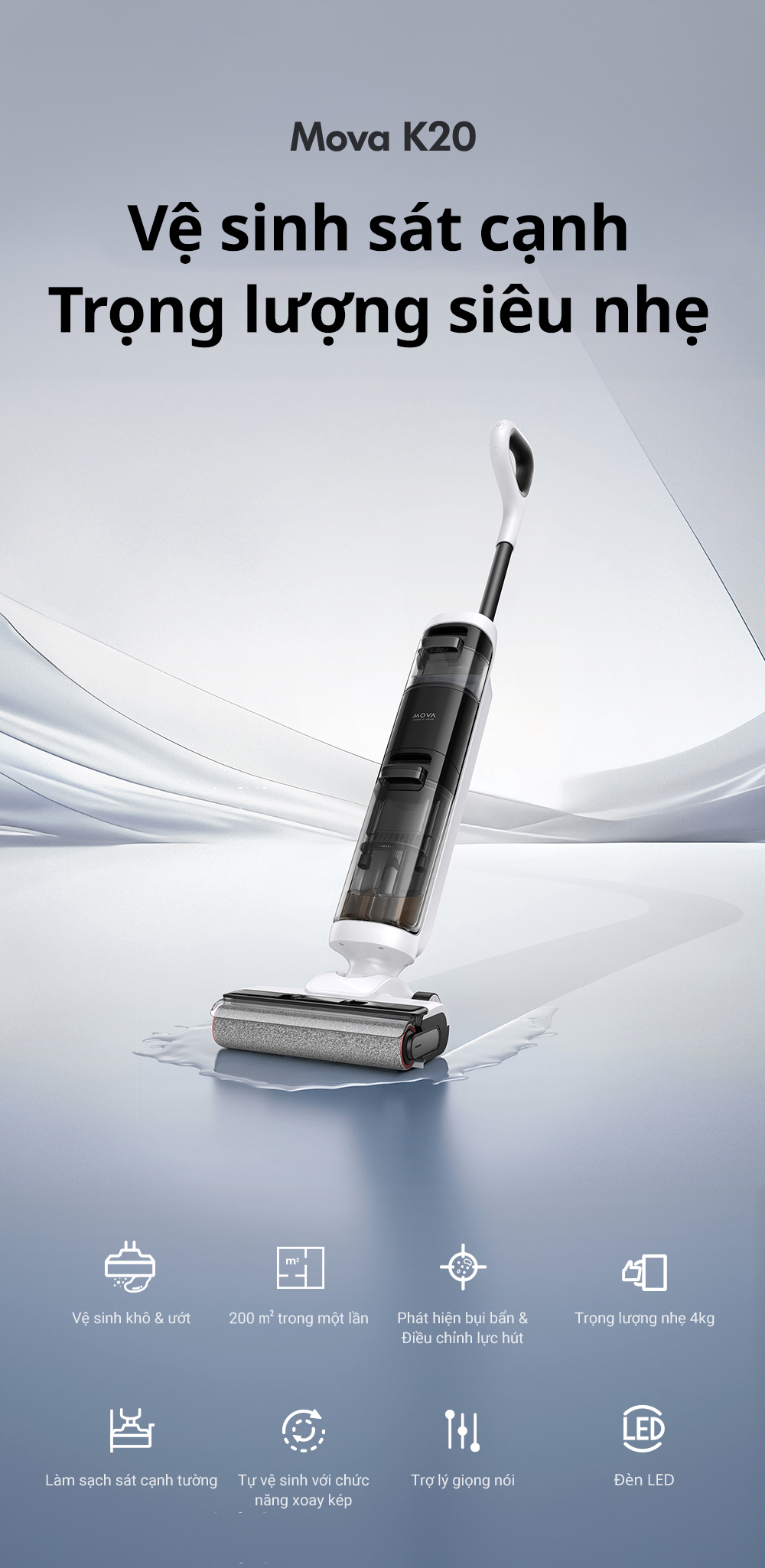 Đặc điểm máy hút bụi lau sàn khô & ướt cầm tay không dây thông minh Mova K20