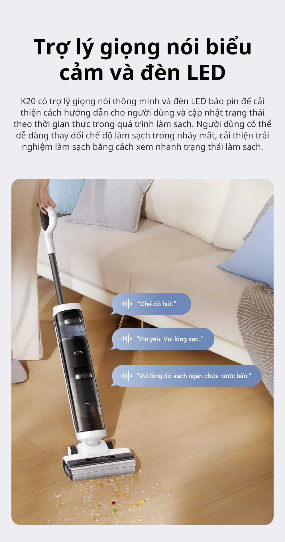 Đặc điểm máy hút bụi lau sàn khô & ướt cầm tay không dây thông minh Mova K20