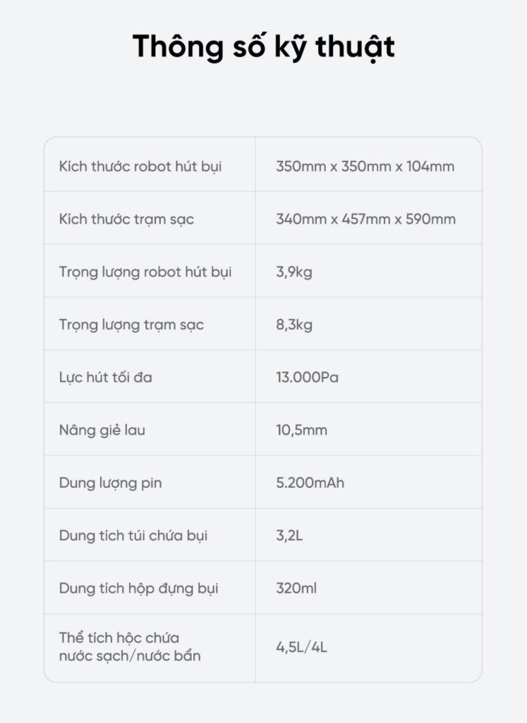 Dreame D20 Ultra - Thông số kỹ thuật