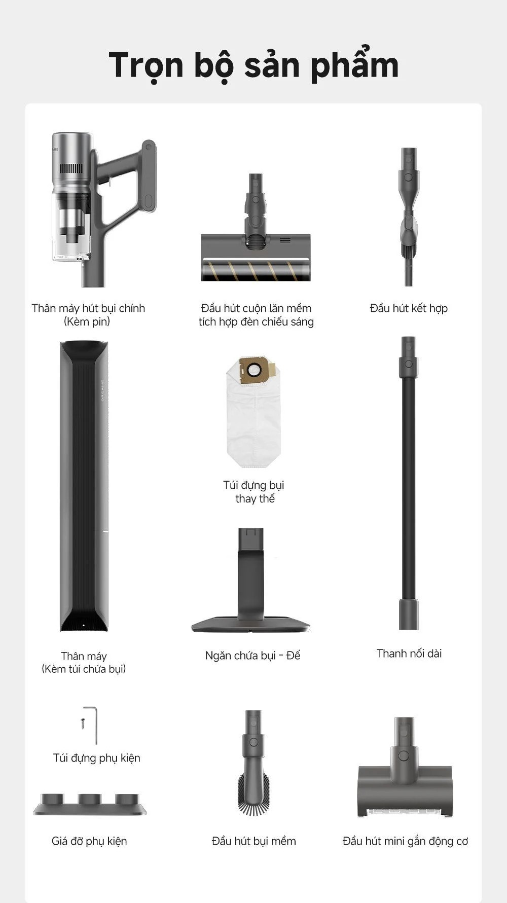 trọn bộ sản phẩm Máy hút bụi cầm tay không dây Dreame Z10S Station