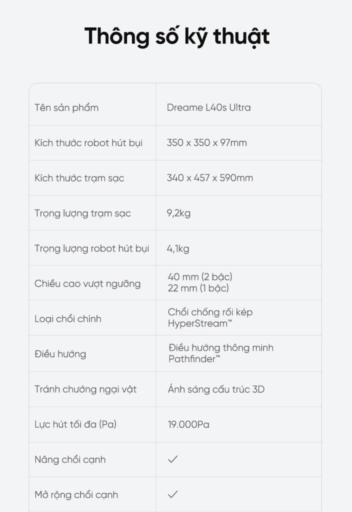 Dreame L40S Ultra 2025 - Thông số kỹ thuật